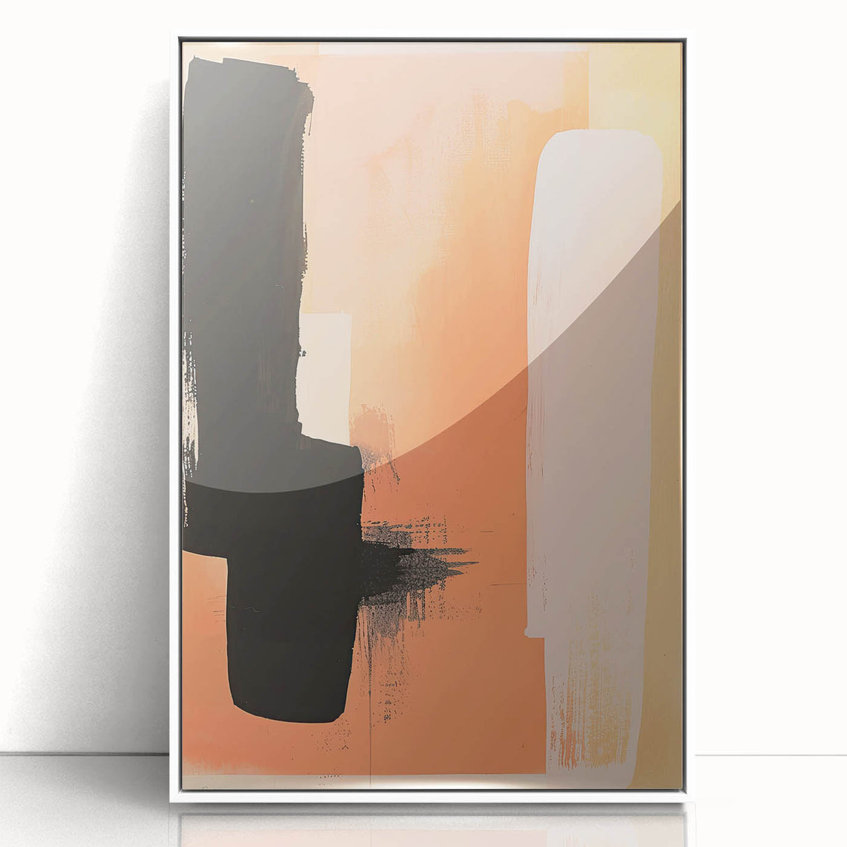 Framed abstract minimalist wall art featuring a sleek white design, displayed from the front, perfect for modern home decor aesthetics, enhancing interior spaces.