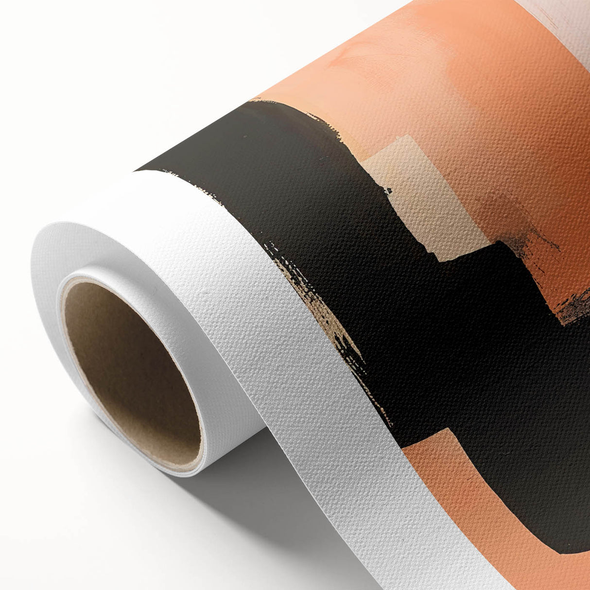 Abstract minimalist wall art on rolled canvas, showcasing soft pastel colors and geometric shapes, elegantly packaged in a protective cardboard tube for easy display.