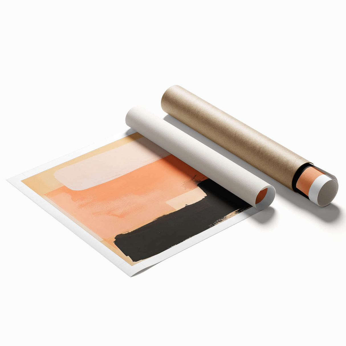 Abstract minimalist wall art print showcasing a blend of soft pastel colors and geometric shapes, elegantly rolled and packaged in a protective cardboard tube, perfect for modern home decor.