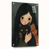 Cozy Girl and Black Cat Wall Art - Warm & Whimsical Nursery Print