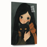 Cozy Girl and Black Cat Wall Art - Warm & Whimsical Nursery Print