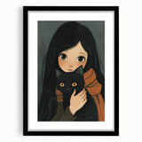 Cozy Girl and Black Cat Wall Art - Warm & Whimsical Nursery Print