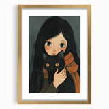 Cozy Girl and Black Cat Wall Art - Warm & Whimsical Nursery Print