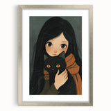 Cozy Girl and Black Cat Wall Art - Warm & Whimsical Nursery Print