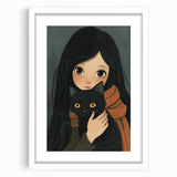 Cozy Girl and Black Cat Wall Art - Warm & Whimsical Nursery Print