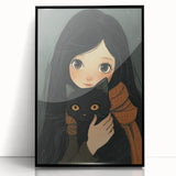 Cozy Girl and Black Cat Wall Art - Warm & Whimsical Nursery Print