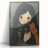 Cozy Girl and Black Cat Wall Art - Warm & Whimsical Nursery Print