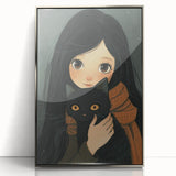 Cozy Girl and Black Cat Wall Art - Warm & Whimsical Nursery Print