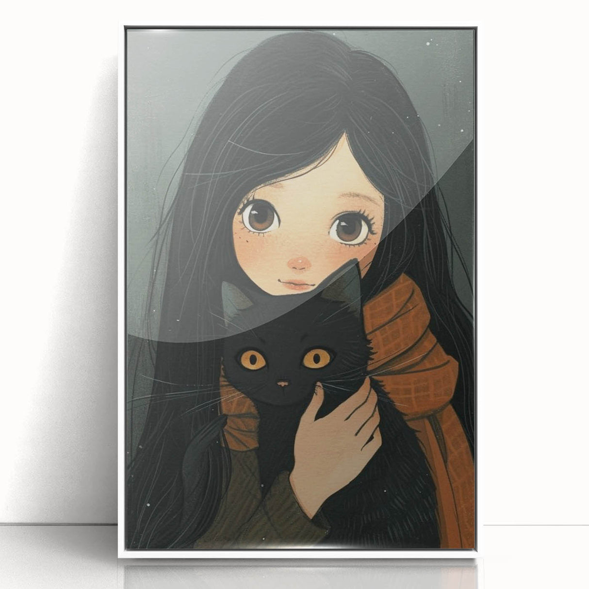 Cozy Girl and Black Cat Wall Art - Warm & Whimsical Nursery Print