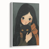 Cozy Girl and Black Cat Wall Art - Warm & Whimsical Nursery Print