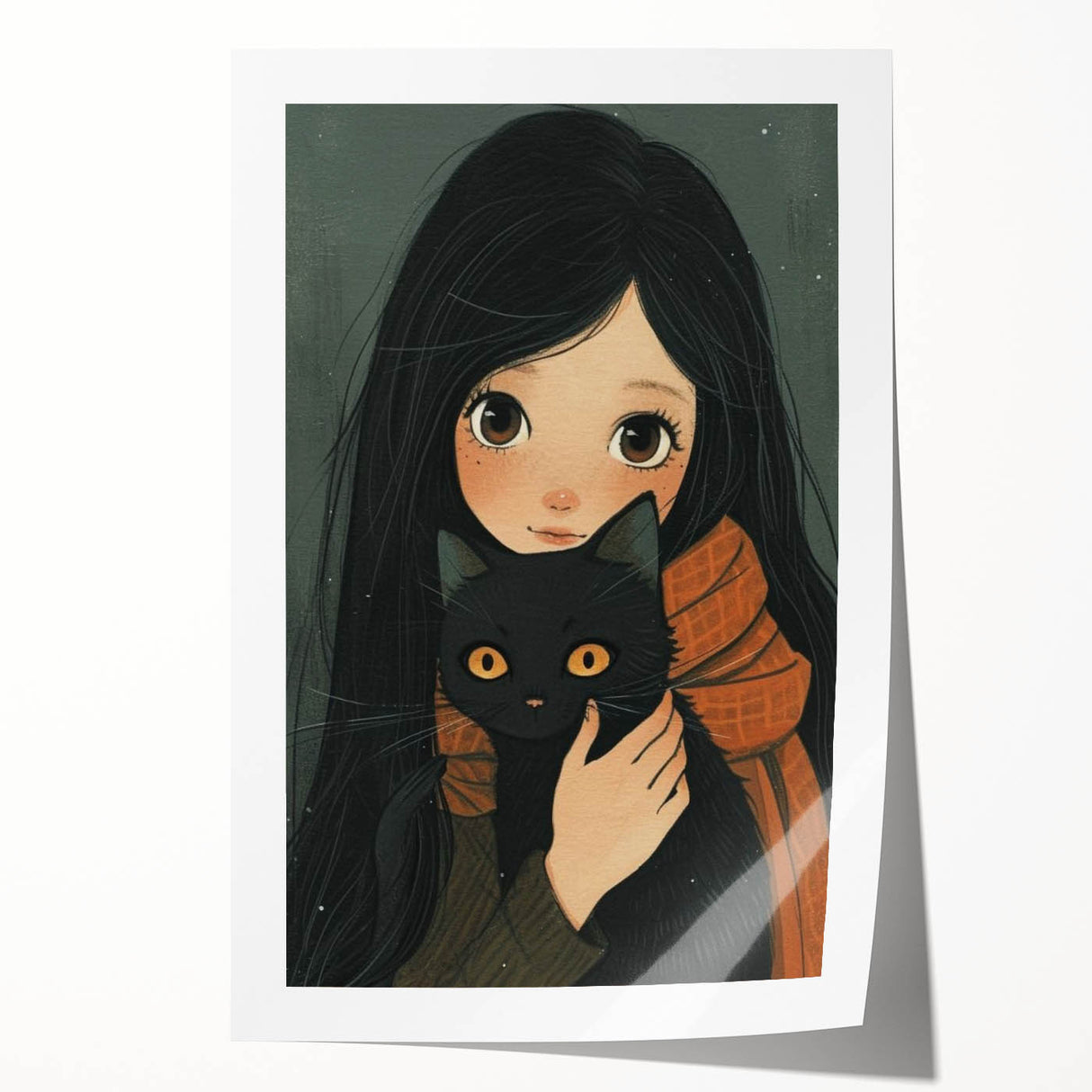 Cozy Girl and Black Cat Wall Art - Warm & Whimsical Nursery Print