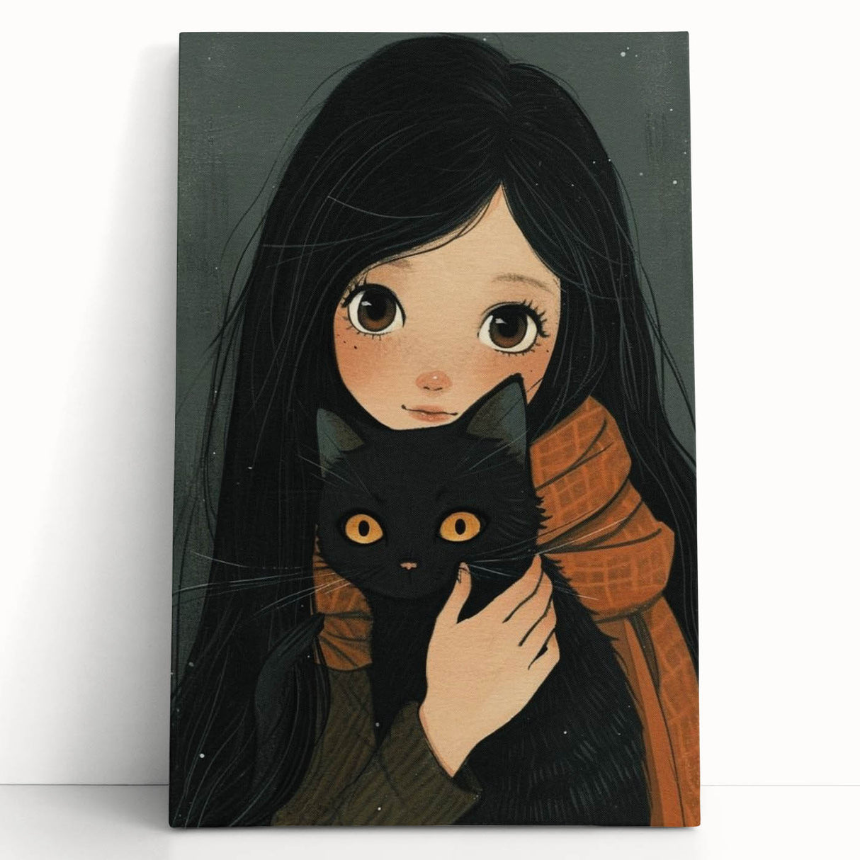 Cozy Girl and Black Cat Wall Art - Warm & Whimsical Nursery Print