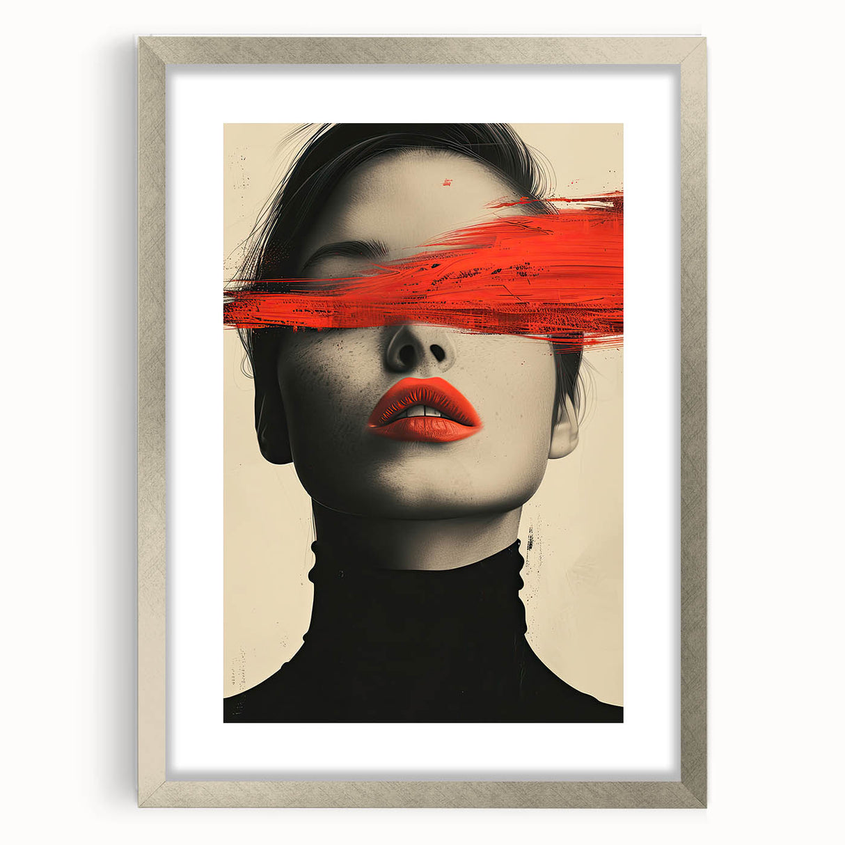 Abstract minimalist wall art framed in silver, showcasing a sleek design with a mat, ideal for modern decor. Perfect for enhancing any contemporary interior space.