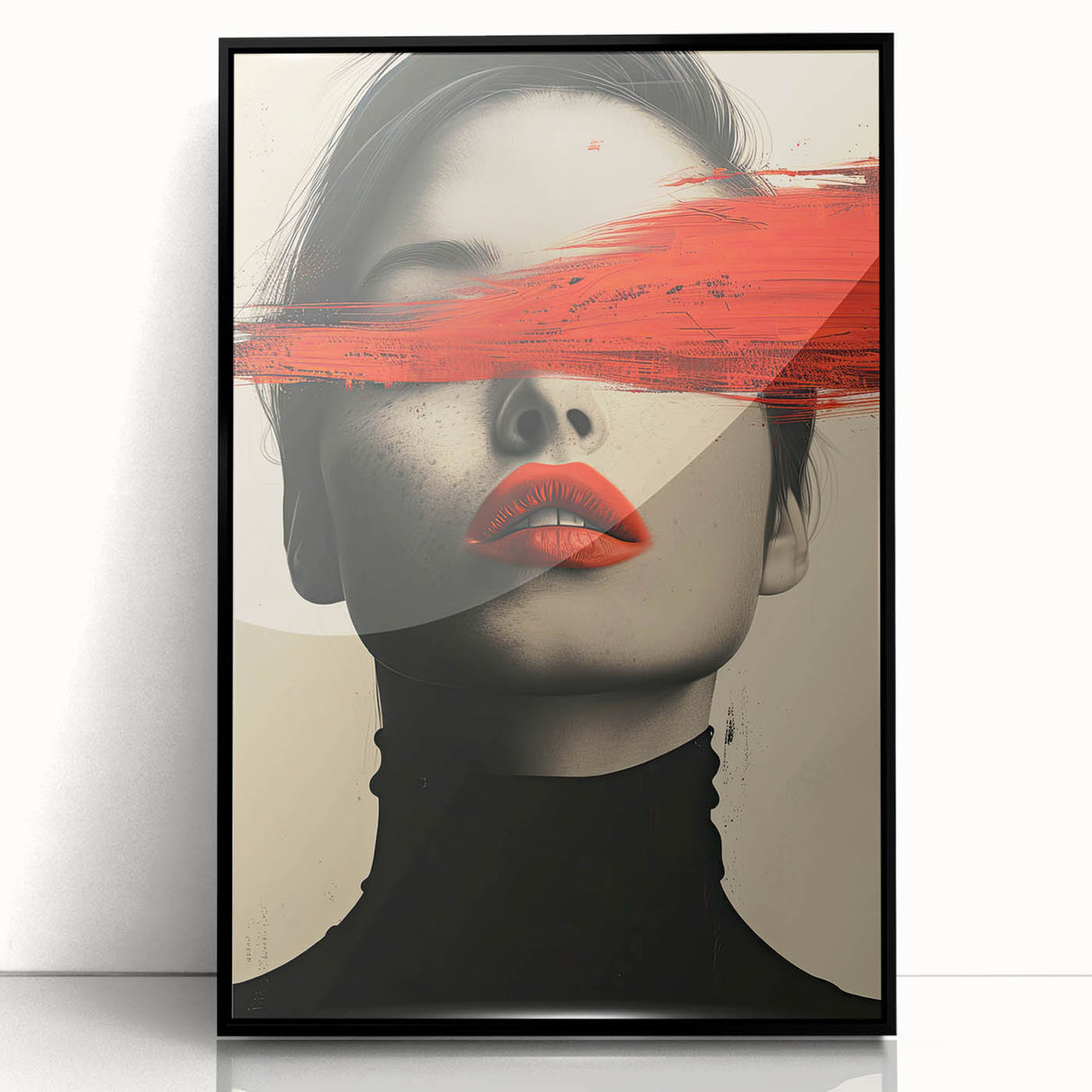 Abstract minimalist wall art in a sleek black frame, showcasing geometric shapes and soft colors, perfect for modern home decor. Ideal for enhancing living spaces with contemporary aesthetics.