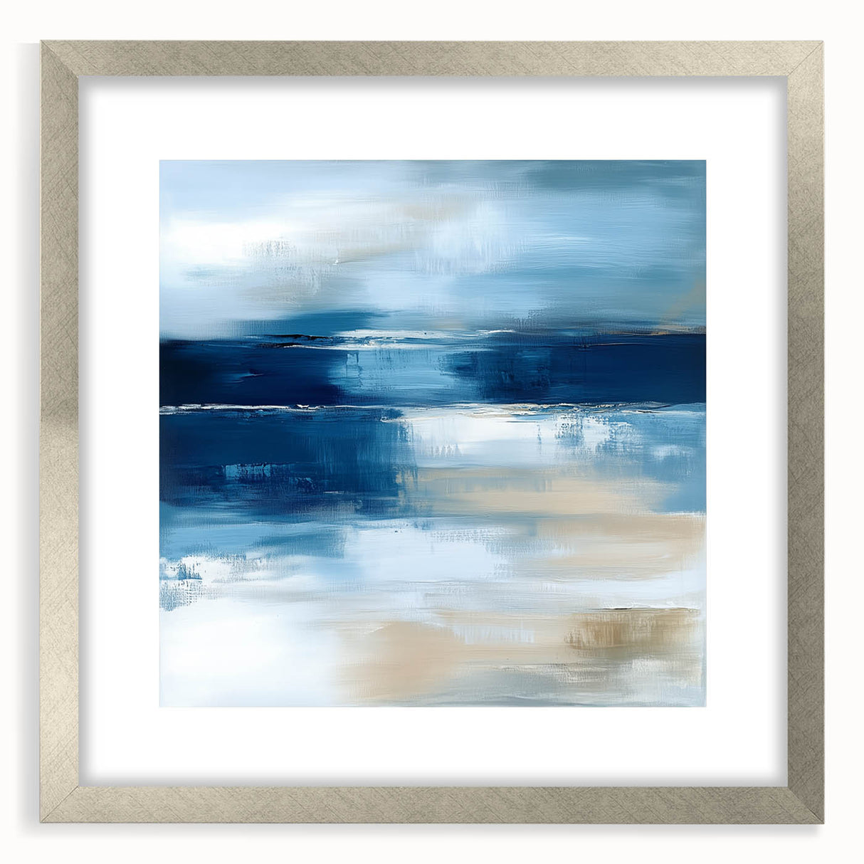 Large Abstract Wall Art – Coastal Blue and Beige Horizontal Canvas