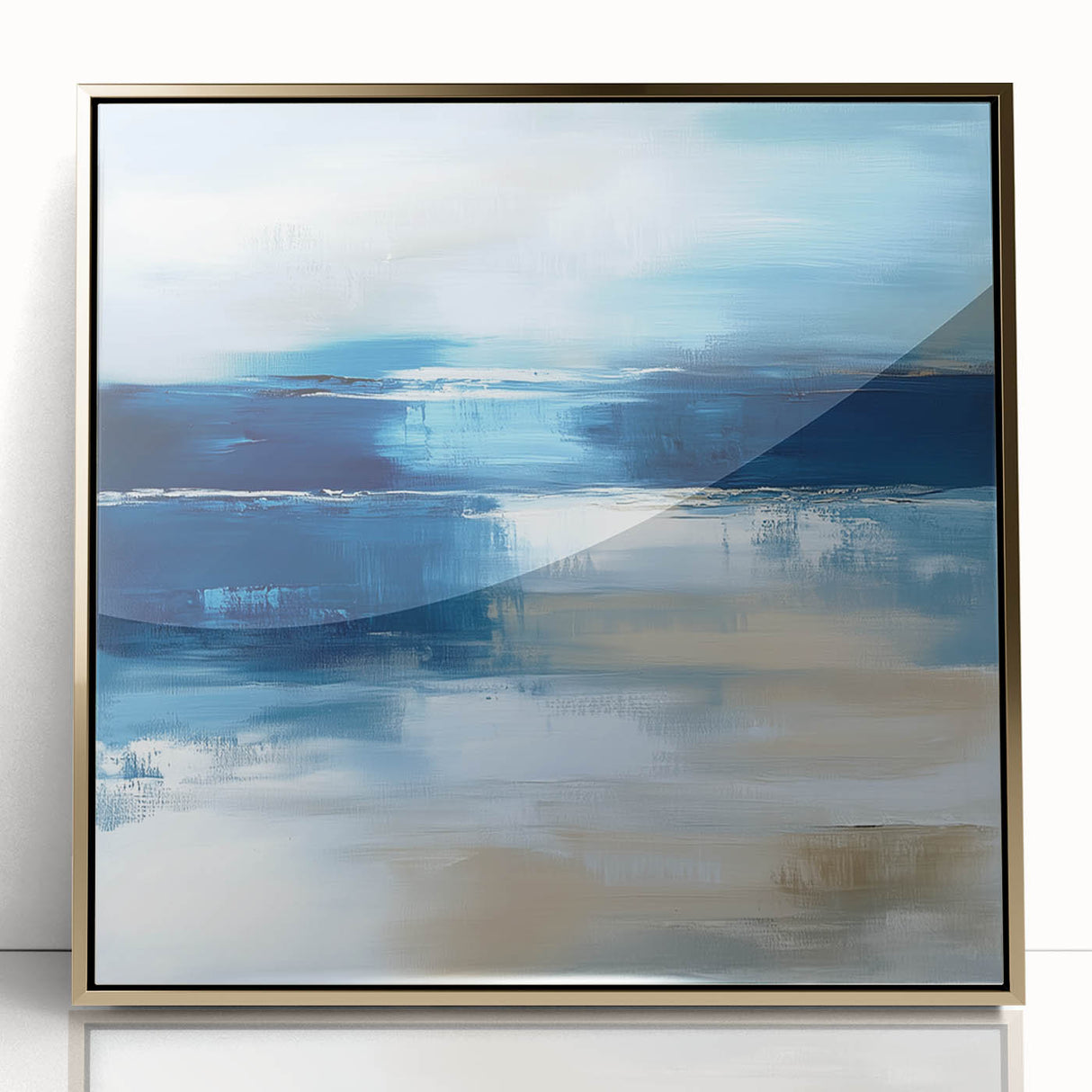 Large Abstract Wall Art – Coastal Blue and Beige Horizontal Canvas