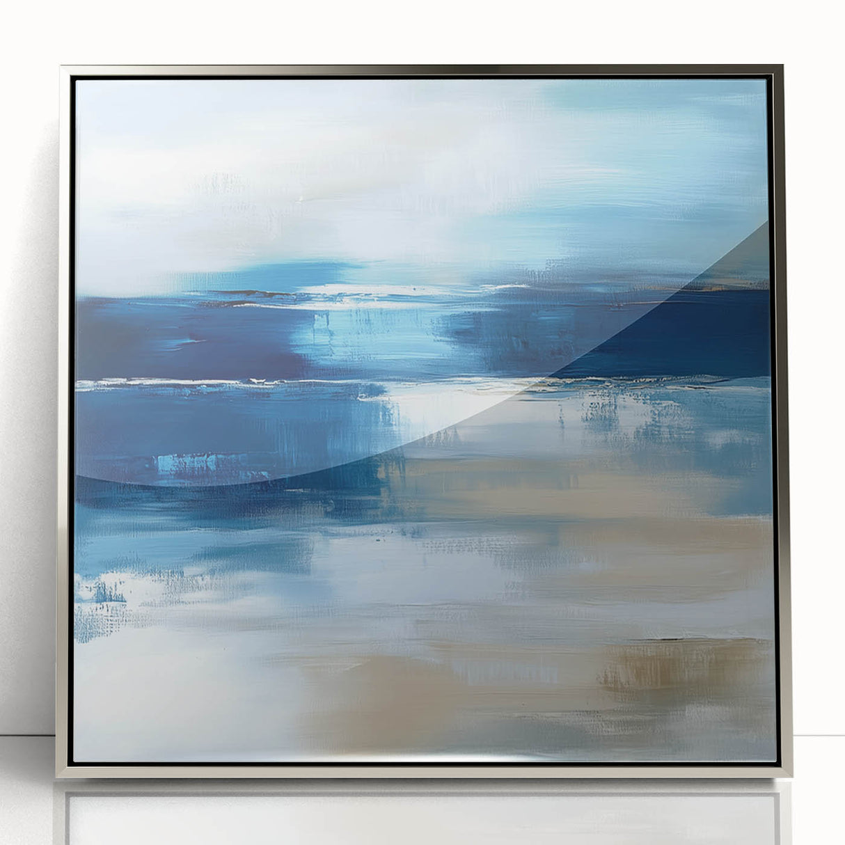 Large Abstract Wall Art – Coastal Blue and Beige Horizontal Canvas