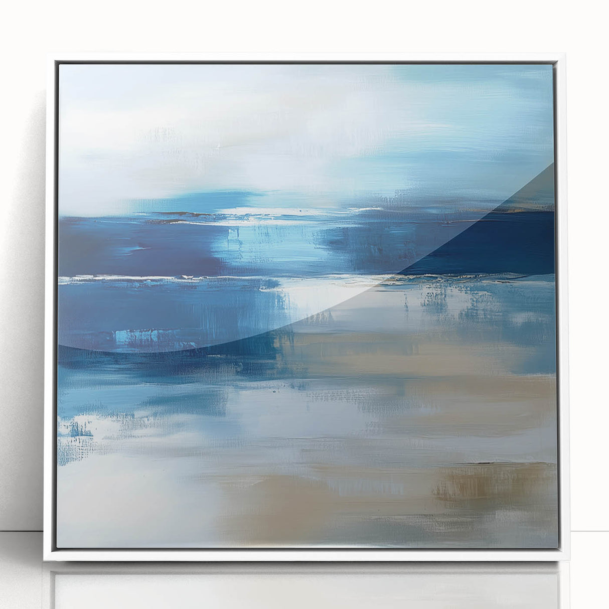 Large Abstract Wall Art – Coastal Blue and Beige Horizontal Canvas