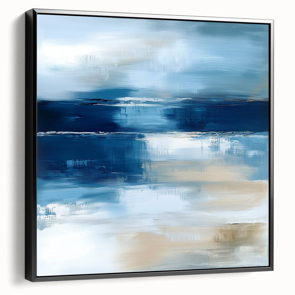 Large Abstract Wall Art – Coastal Blue and Beige Horizontal Canvas