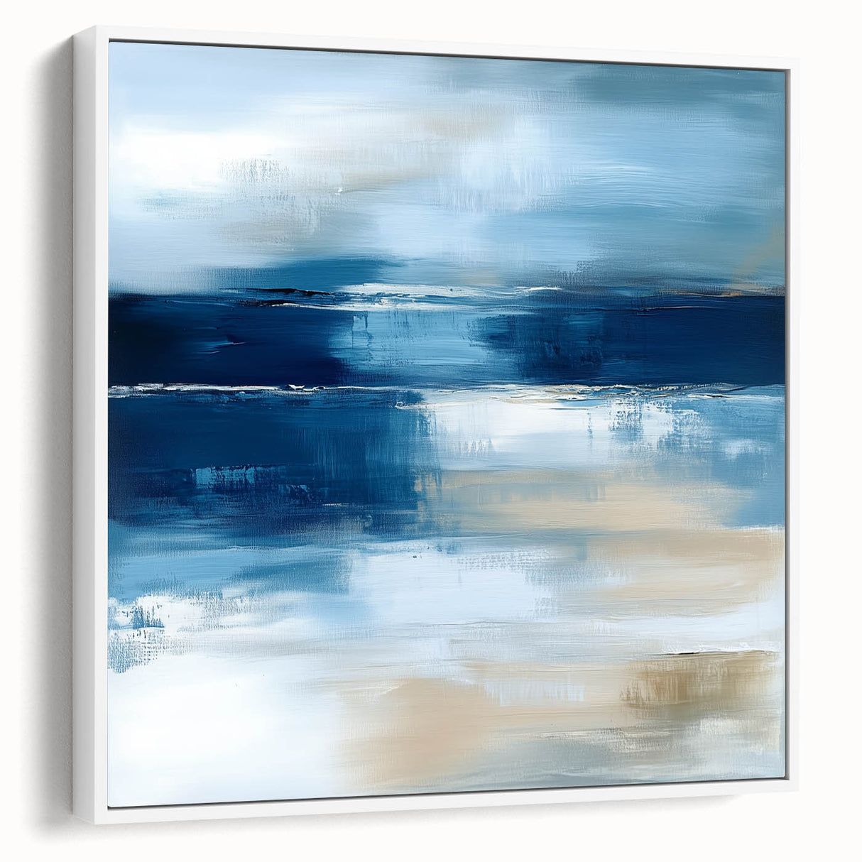 Large Abstract Wall Art – Coastal Blue and Beige Horizontal Canvas