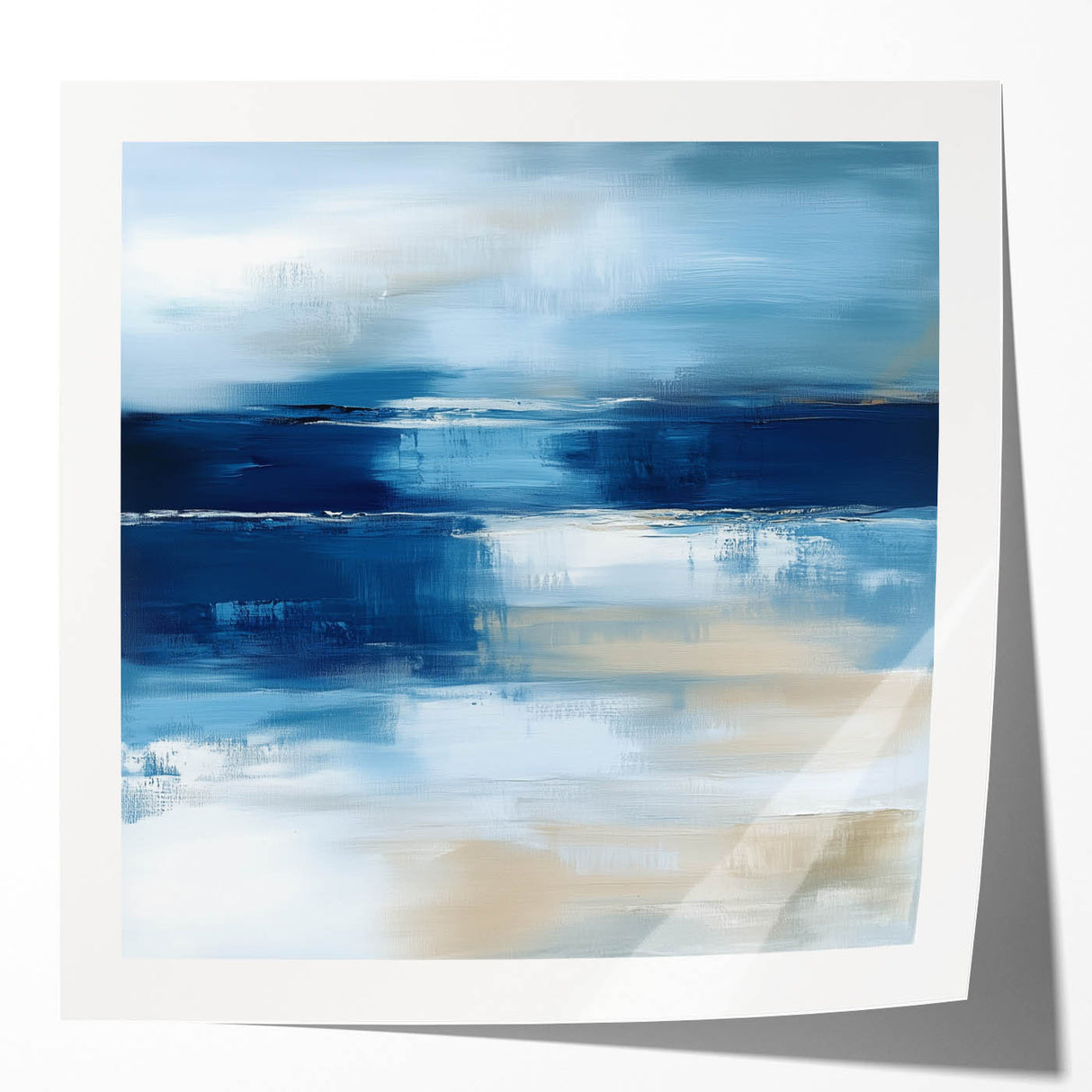 Large Abstract Wall Art – Coastal Blue and Beige Horizontal Canvas