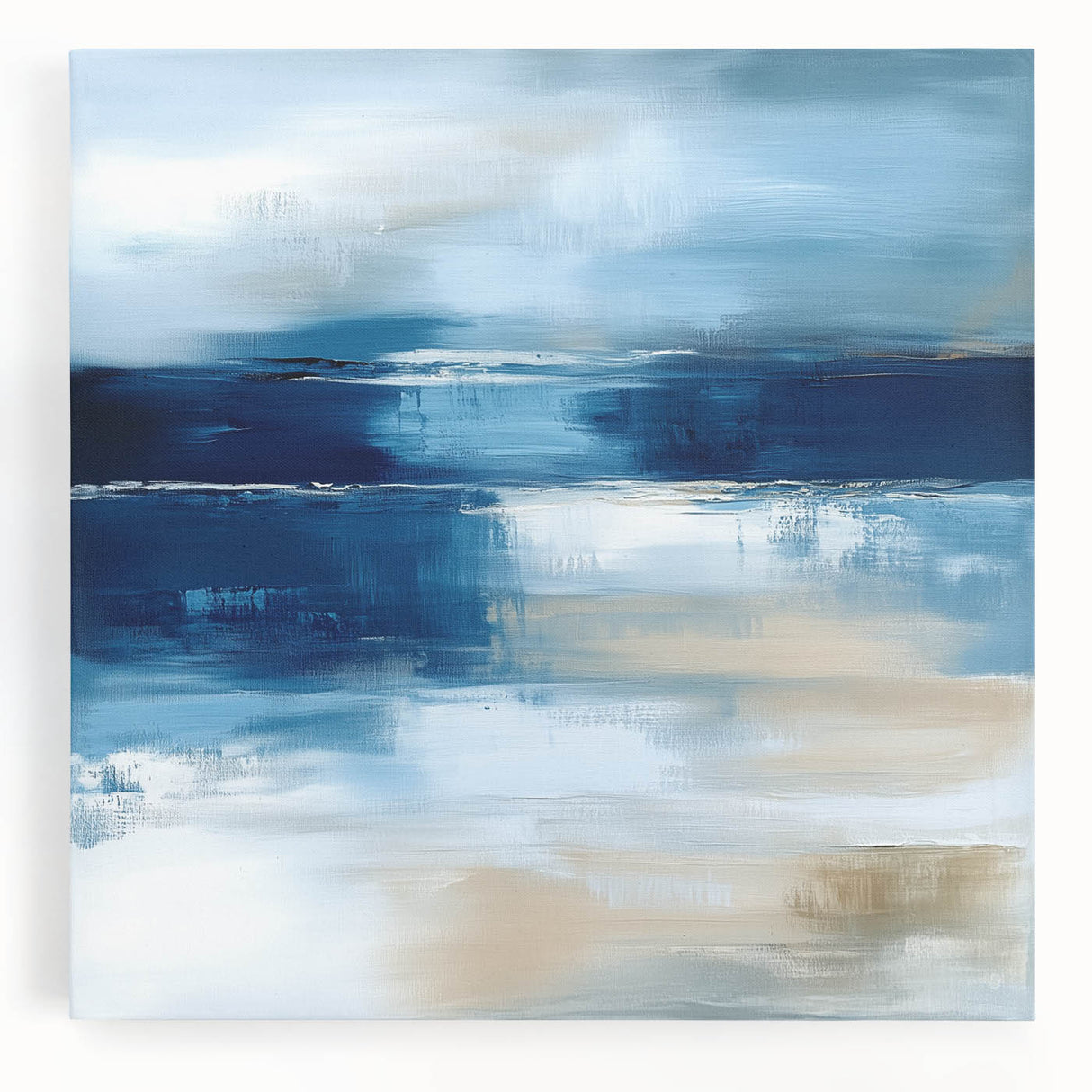 Large Abstract Wall Art – Coastal Blue and Beige Horizontal Canvas