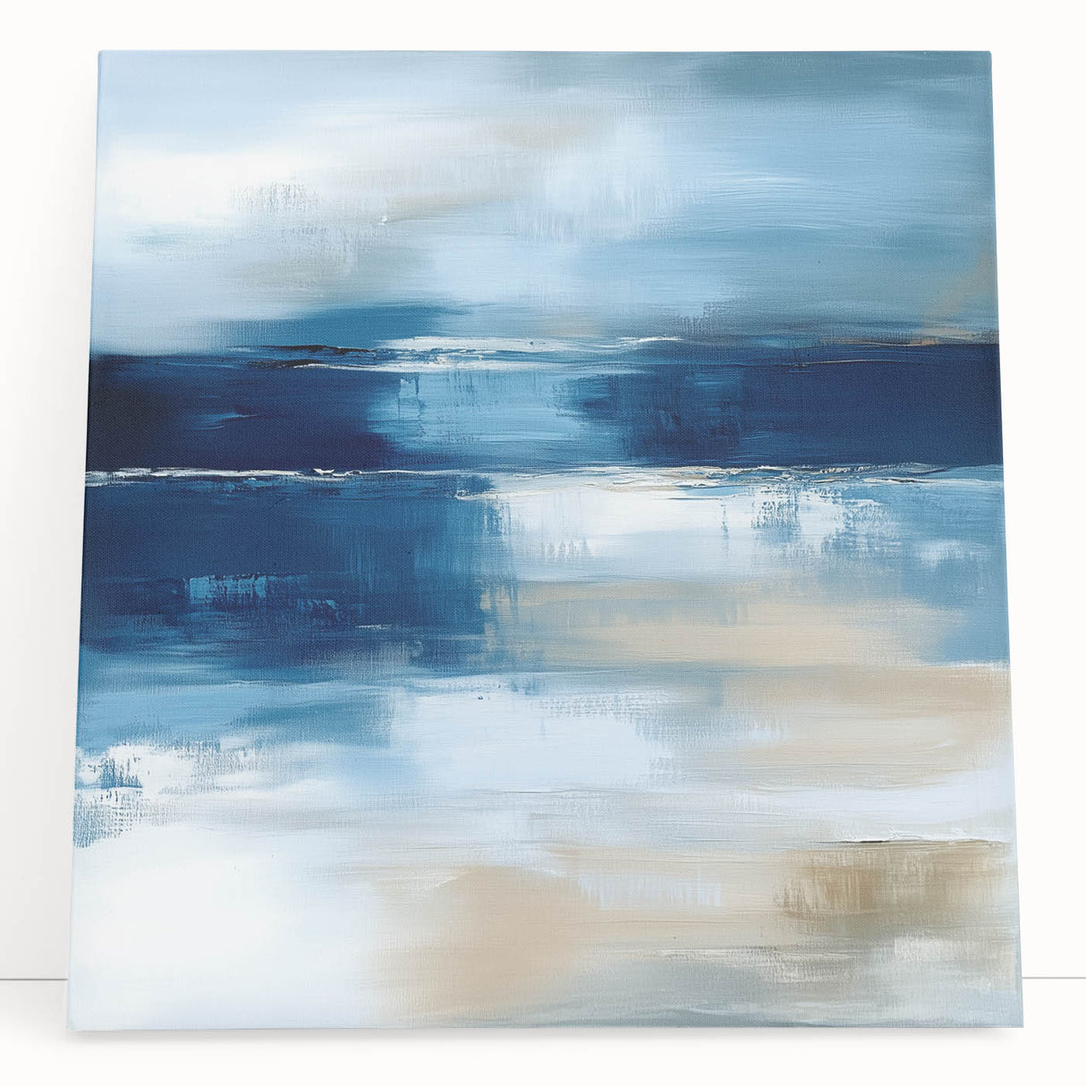 Large Abstract Wall Art – Coastal Blue and Beige Horizontal Canvas
