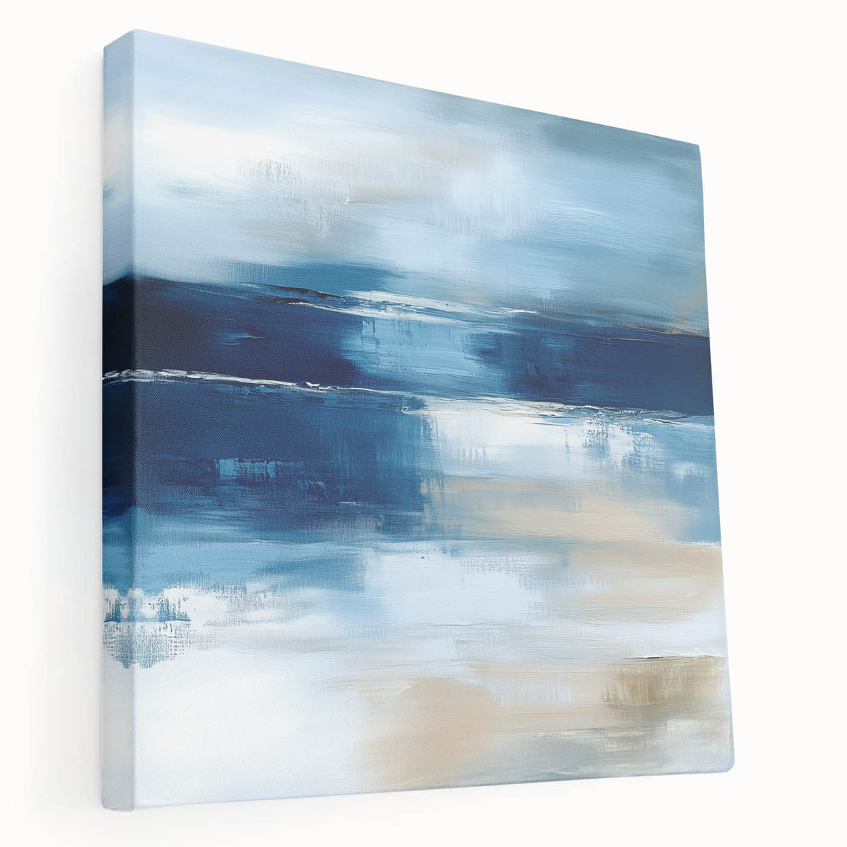Large Abstract Wall Art – Coastal Blue and Beige Horizontal Canvas