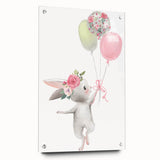 Floating Bunny with Balloons Wall Art - Whimsical Nursery Print