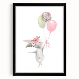 Floating Bunny with Balloons Wall Art - Whimsical Nursery Print