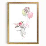 Floating Bunny with Balloons Wall Art - Whimsical Nursery Print