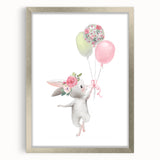 Floating Bunny with Balloons Wall Art - Whimsical Nursery Print