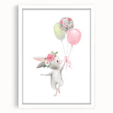 Floating Bunny with Balloons Wall Art - Whimsical Nursery Print