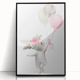Floating Bunny with Balloons Wall Art - Whimsical Nursery Print