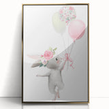 Floating Bunny with Balloons Wall Art - Whimsical Nursery Print