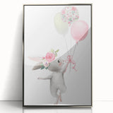 Floating Bunny with Balloons Wall Art - Whimsical Nursery Print