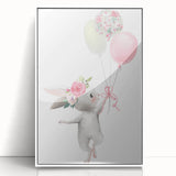 Floating Bunny with Balloons Wall Art - Whimsical Nursery Print