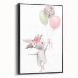 Floating Bunny with Balloons Wall Art - Whimsical Nursery Print