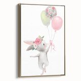 Floating Bunny with Balloons Wall Art - Whimsical Nursery Print