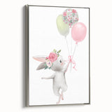 Floating Bunny with Balloons Wall Art - Whimsical Nursery Print
