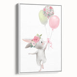 Floating Bunny with Balloons Wall Art - Whimsical Nursery Print