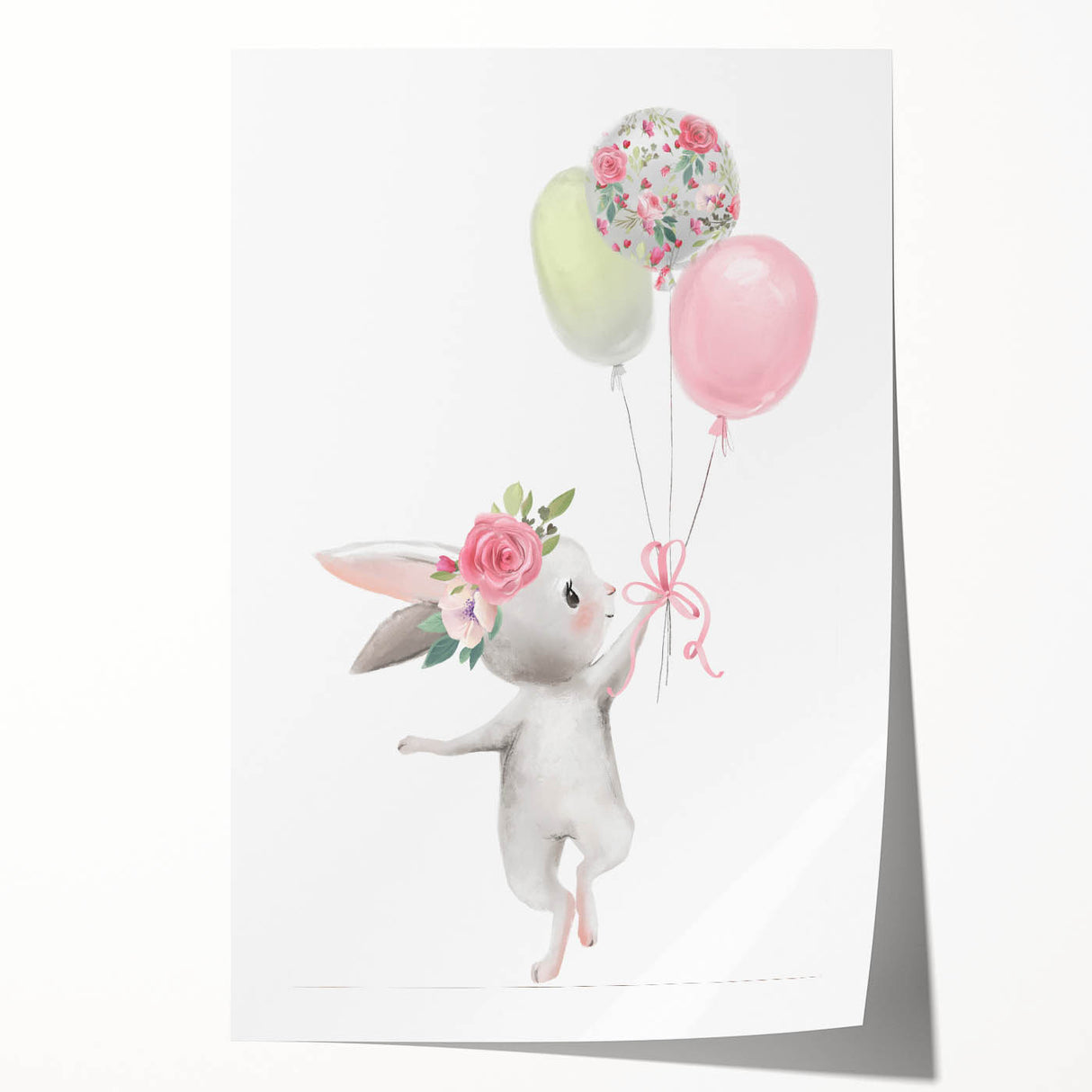 Floating Bunny with Balloons Wall Art - Whimsical Nursery Print
