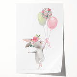 Floating Bunny with Balloons Wall Art - Whimsical Nursery Print