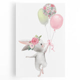 Floating Bunny with Balloons Wall Art - Whimsical Nursery Print