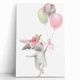 Floating Bunny with Balloons Wall Art - Whimsical Nursery Print