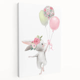 Floating Bunny with Balloons Wall Art - Whimsical Nursery Print