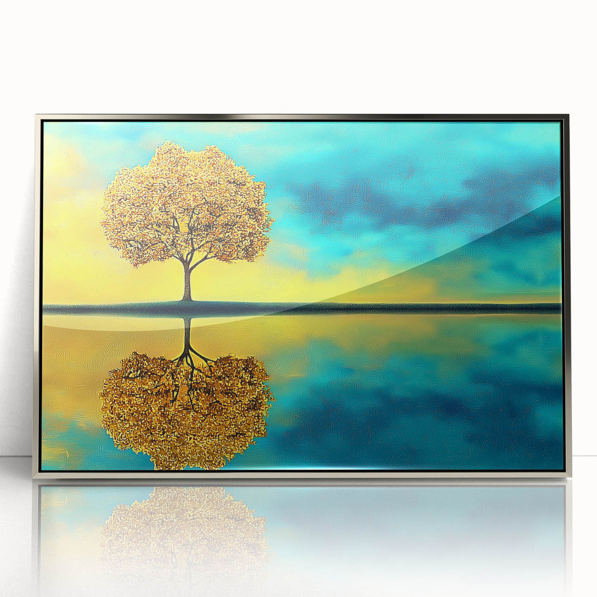 Framed acrylic artwork showcasing an abstract floral design in vibrant colors, set in a sleek silver frame, ideal for modern home decor and artistic interiors.