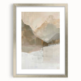 Abstract minimalist wall art framed in silver with a mat, showcasing geometric shapes and muted colors, perfect for modern home decor. Ideal for enhancing living spaces.