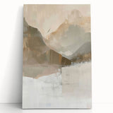 Abstract minimalist wall art on stretched canvas, featuring a soothing palette of soft blues and whites, elegantly leaning against a neutral wall, perfect for modern decor.