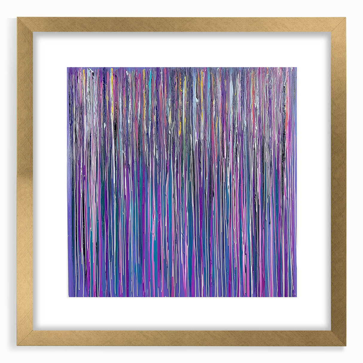 Abstract floral frame with a gold mat, presenting colorful botanical illustrations; ideal for home decor or artistic display. Perfect for enhancing any living space.
